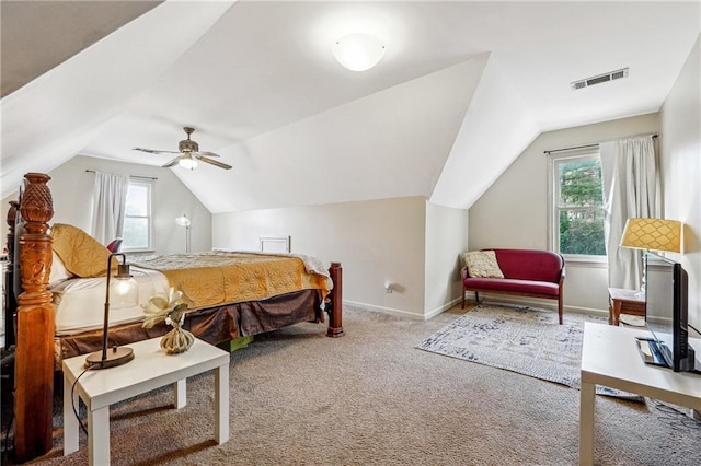 bedroom with carpet, ceiling fan, and lofted ceiling