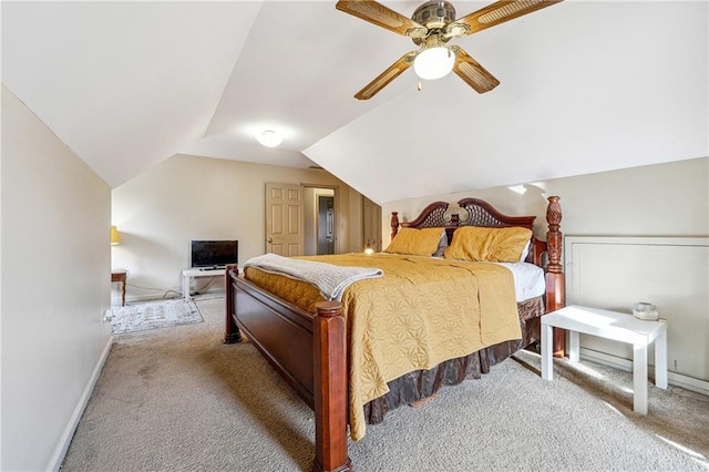 bedroom with light carpet, vaulted ceiling, and ceiling fan