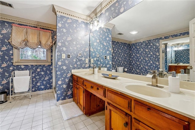 bathroom featuring vanity, tile patterned floors, and crown molding