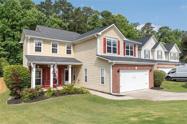 3362 Palm Cir NW, Kennesaw, GA 30144 - view of front of house with driveway, an attached garage, a porch, a front yard, and brick siding
