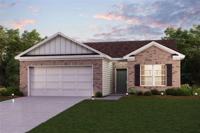 ranch-style home featuring brick siding, concrete driveway, a yard, a garage, and board and batten siding