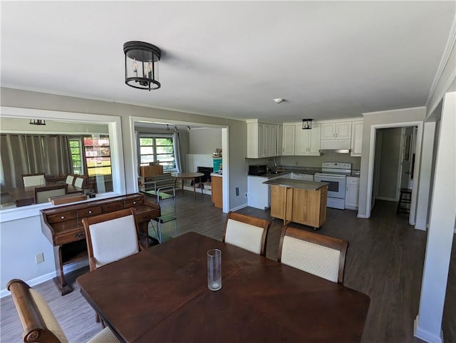 dining area featuring dark wood-style floors, ornamental molding, and baseboards