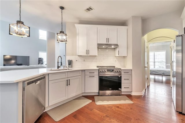 4360 Canterbury Walk Dr, Duluth, GA 30097 - kitchen featuring stainless steel appliances, a sink, under cabinet range hood, arched walkways, and backsplash