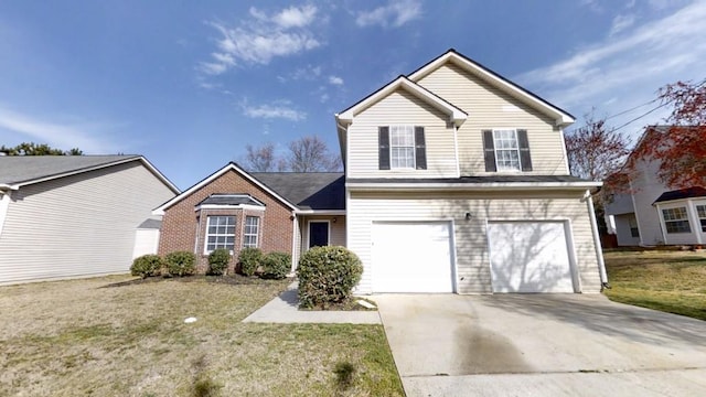 traditional home featuring brick siding, a front lawn, concrete driveway, and an attached garage