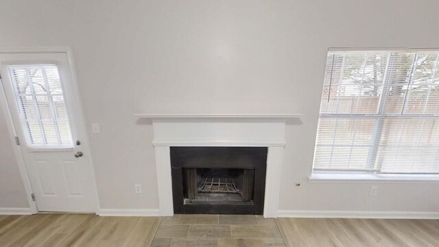 interior details with baseboards, a fireplace with flush hearth, and wood finished floors