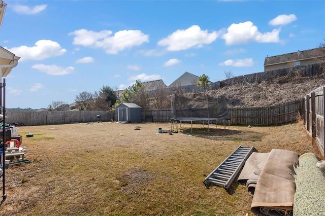 view of yard with a shed and a trampoline