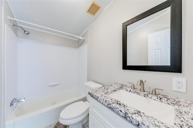 full bathroom with vanity, tub / shower combination, lofted ceiling, and toilet