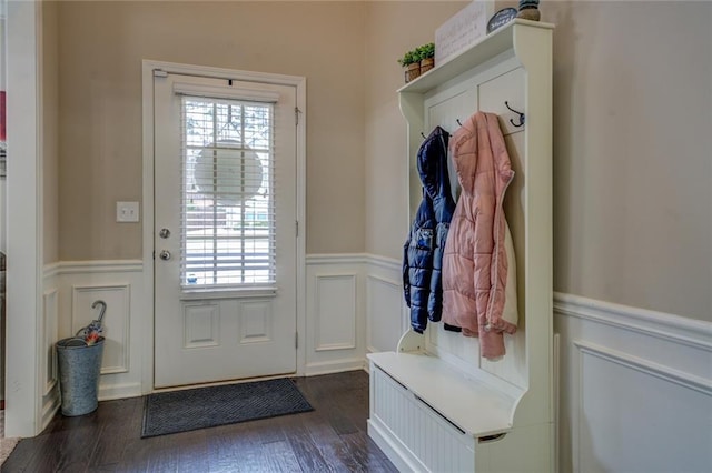 mudroom featuring dark wood-style floors, a decorative wall, wainscoting, and a healthy amount of sunlight