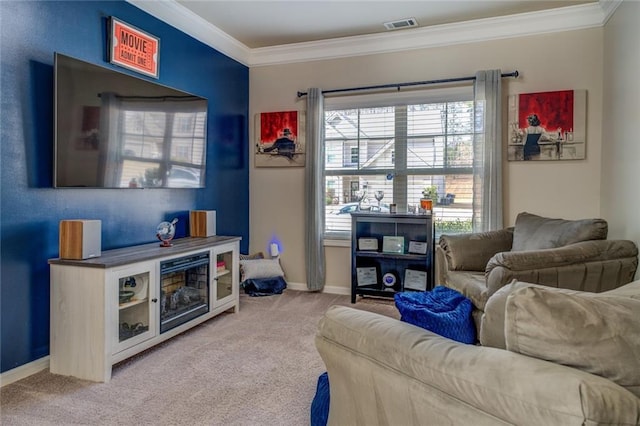 carpeted living area featuring visible vents, crown molding, and baseboards