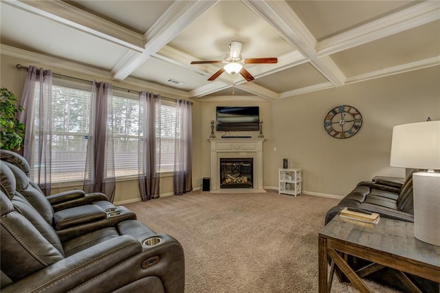 living room with carpet, a fireplace with flush hearth, coffered ceiling, beamed ceiling, and baseboards