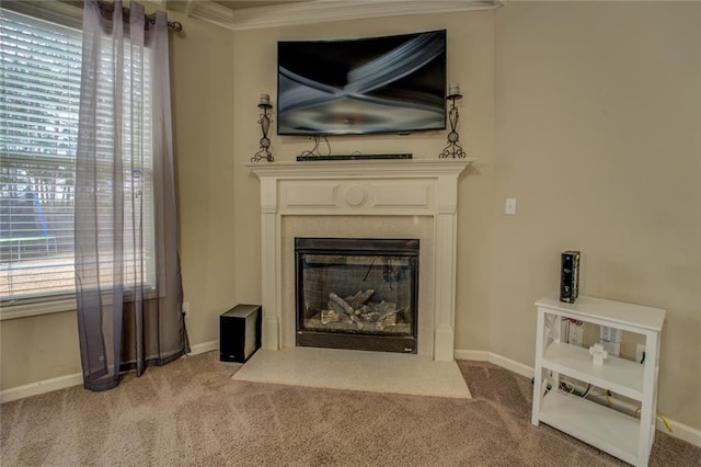 unfurnished living room featuring a fireplace with flush hearth, baseboards, a wealth of natural light, and light colored carpet