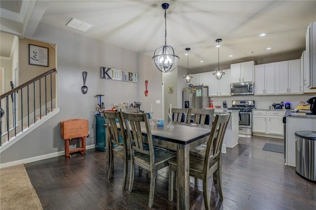 dining room featuring stairs, dark wood-type flooring, recessed lighting, and baseboards