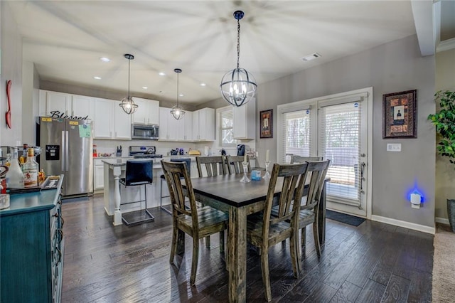 dining area featuring dark wood-style floors, visible vents, baseboards, and recessed lighting