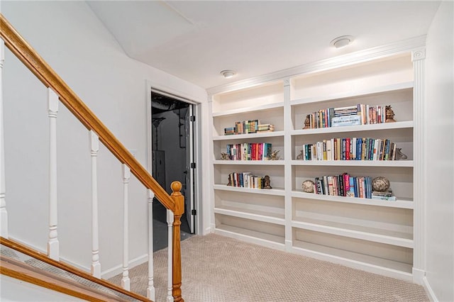 interior space with built in features and light colored carpet