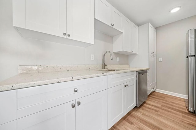 kitchen featuring white cabinetry, stainless steel appliances, light stone countertops, and sink