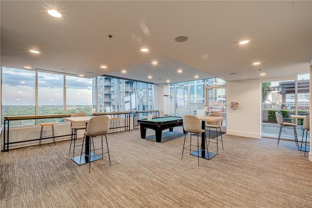 rec room featuring pool table, a wealth of natural light, and carpet floors