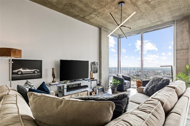living area with floor to ceiling windows