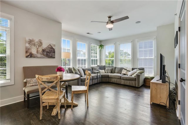 1300 Dekalb Ave NE Unit 731, Atlanta, GA 30307 - dining space featuring plenty of natural light, ceiling fan, dark wood-style flooring, and baseboards