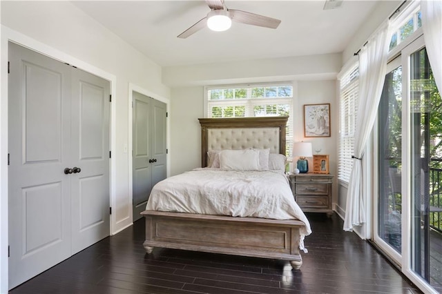 1300 Dekalb Ave NE Unit 731, Atlanta, GA 30307 - bedroom with dark wood-style floors, access to exterior, ceiling fan, and baseboards