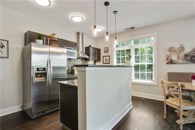 1300 Dekalb Ave NE Unit 731, Atlanta, GA 30307 - kitchen featuring stainless steel refrigerator with ice dispenser, baseboards, dark wood finished floors, and decorative backsplash