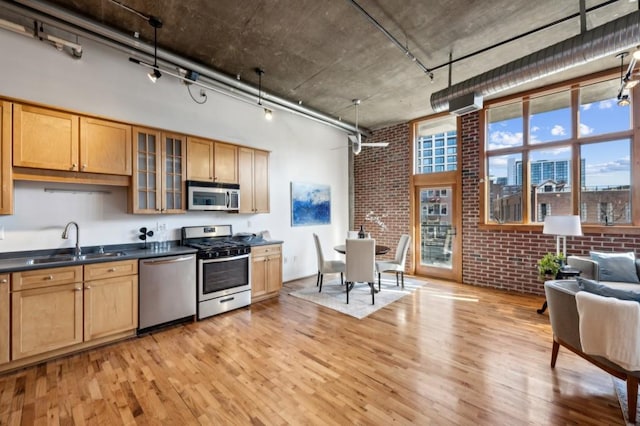 kitchen with sink, stainless steel appliances, light hardwood / wood-style floors, and brick wall