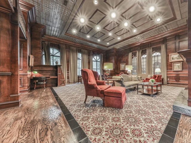3334 Peachtree Rd NE Unit 614, Atlanta, GA 30326 - living area with inlaid floor details, recessed lighting, wood walls, and ornamental molding