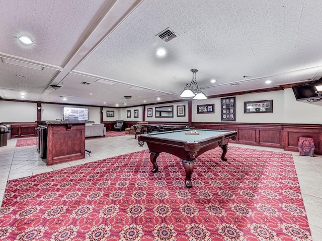 3334 Peachtree Rd NE Unit 614, Atlanta, GA 30326 - rec room featuring pool table, recessed lighting, light tile patterned floors, a wainscoted wall, and a community bar