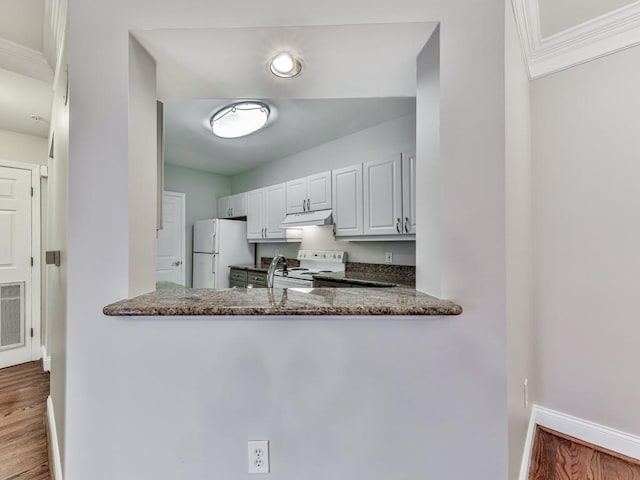 3334 Peachtree Rd NE Unit 614, Atlanta, GA 30326 - kitchen featuring white appliances, under cabinet range hood, wood finished floors, white cabinets, and dark stone counters