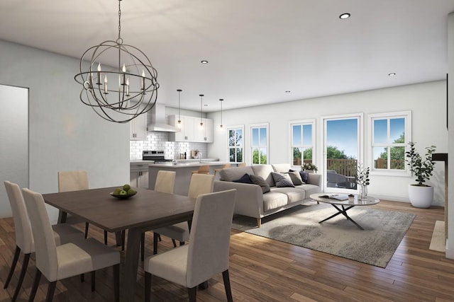 dining area featuring dark hardwood / wood-style flooring and a chandelier