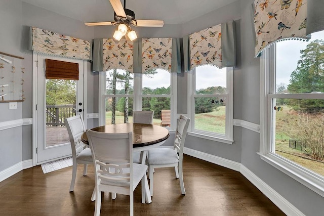 dining area with ceiling fan and dark hardwood / wood-style flooring