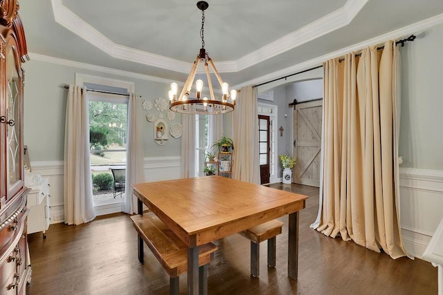 dining space featuring a raised ceiling, a barn door, and dark hardwood / wood-style floors