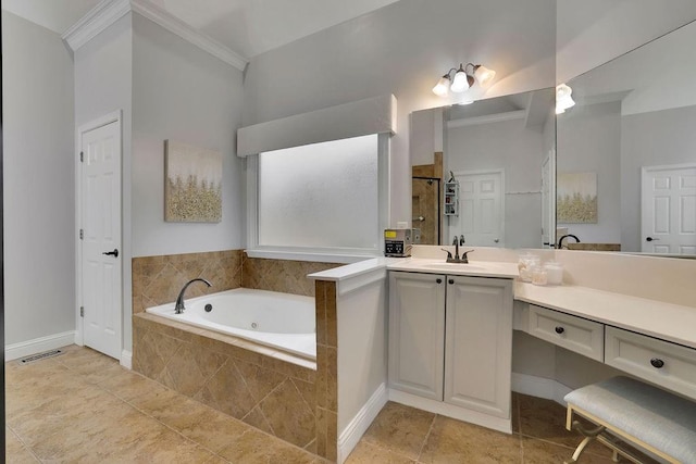 bathroom featuring tile patterned floors, vanity, shower with separate bathtub, and crown molding