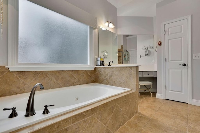 bathroom featuring tiled bath and tile patterned floors