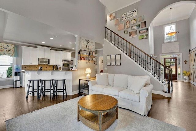 living room with a towering ceiling, dark wood-type flooring, and sink