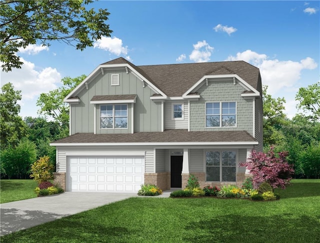 craftsman-style house with a front yard, a shingled roof, a garage, concrete driveway, and brick siding