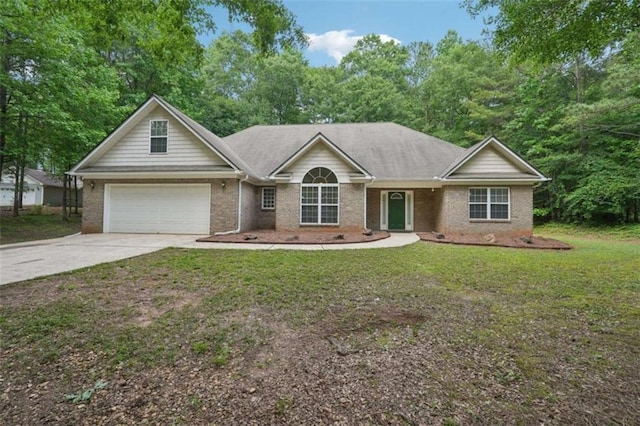 single story home with concrete driveway, a front lawn, brick siding, and an attached garage