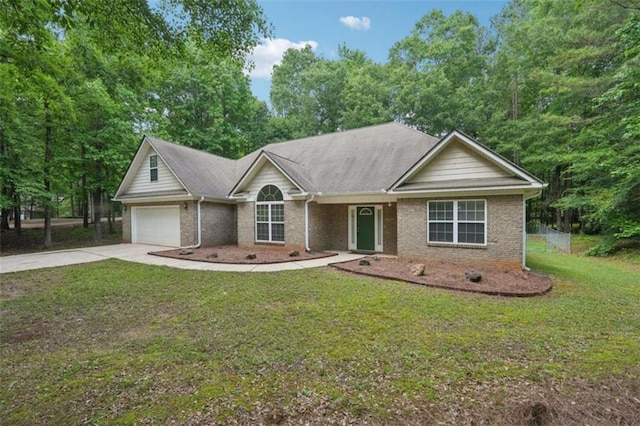 ranch-style home with concrete driveway, a front yard, a garage, and brick siding
