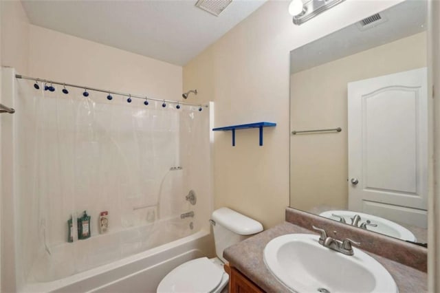 bathroom featuring toilet, shower / bathtub combination with curtain, and vanity