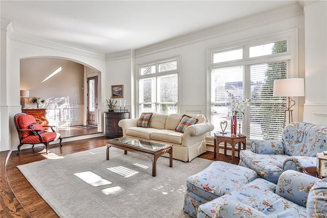620 Elizabeth Oak Ct, Alpharetta, GA 30004 - living area featuring arched walkways, crown molding, healthy amount of natural light, a decorative wall, and a wainscoted wall