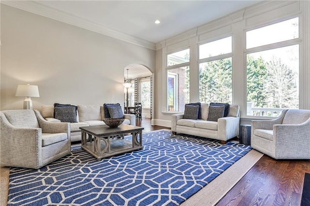 620 Elizabeth Oak Ct, Alpharetta, GA 30004 - living room with arched walkways, ornamental molding, wood finished floors, and recessed lighting