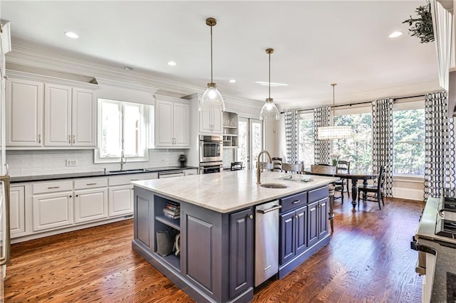 620 Elizabeth Oak Ct, Alpharetta, GA 30004 - kitchen featuring open shelves, white cabinets, healthy amount of natural light, crown molding, and recessed lighting