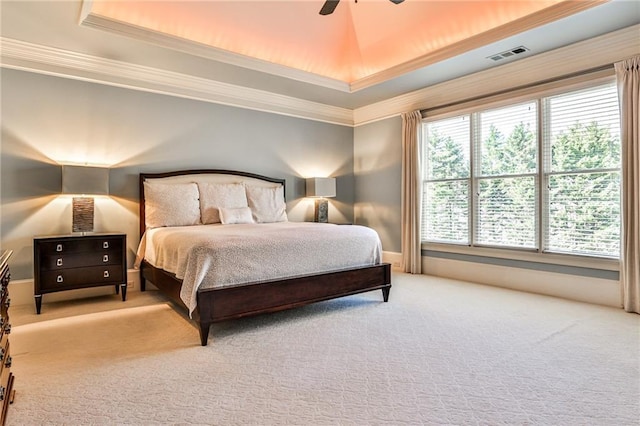 620 Elizabeth Oak Ct, Alpharetta, GA 30004 - bedroom with ornamental molding, carpet, a raised ceiling, and a ceiling fan
