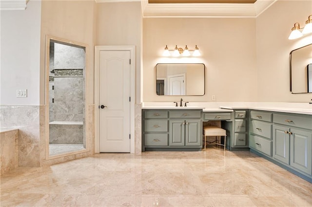 620 Elizabeth Oak Ct, Alpharetta, GA 30004 - bathroom with crown molding, double vanity, marble tiled flooring, and tiled shower