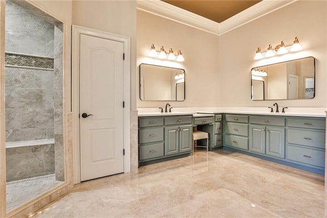 620 Elizabeth Oak Ct, Alpharetta, GA 30004 - full bathroom with ornamental molding, marble tiled floors, double vanity, and tiled shower