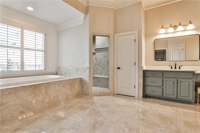 620 Elizabeth Oak Ct, Alpharetta, GA 30004 - full bathroom featuring crown molding, a garden tub, vanity, marble tiled flooring, and a walk in shower