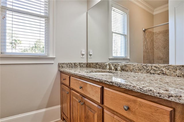 620 Elizabeth Oak Ct, Alpharetta, GA 30004 - bathroom with crown molding, vanity, and a shower
