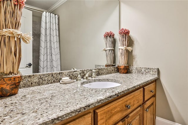 620 Elizabeth Oak Ct, Alpharetta, GA 30004 - bathroom with vanity, ornamental molding, and a shower with curtain