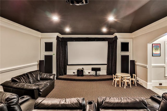 620 Elizabeth Oak Ct, Alpharetta, GA 30004 - home theater room with crown molding, arched walkways, and recessed lighting