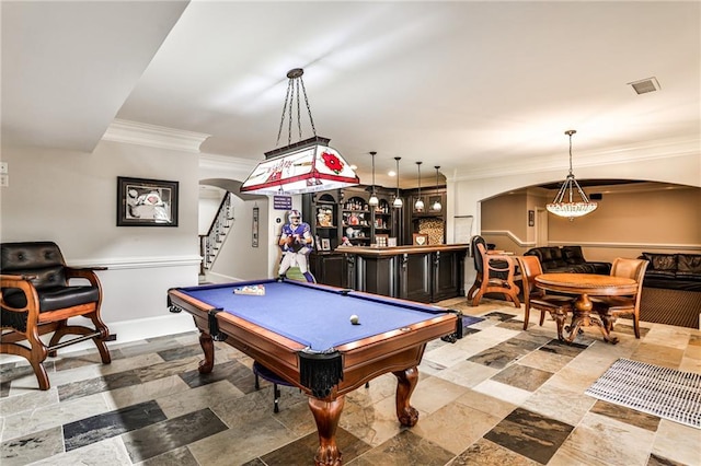 620 Elizabeth Oak Ct, Alpharetta, GA 30004 - recreation room with arched walkways, crown molding, billiards, a bar, and light stone finish flooring