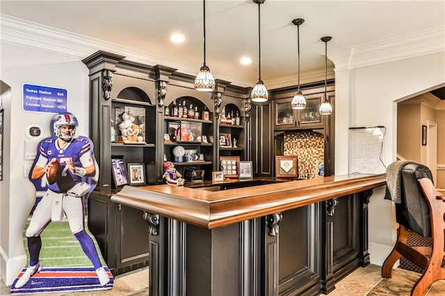 620 Elizabeth Oak Ct, Alpharetta, GA 30004 - indoor dry bar with ornamental molding, decorative light fixtures, and arched walkways